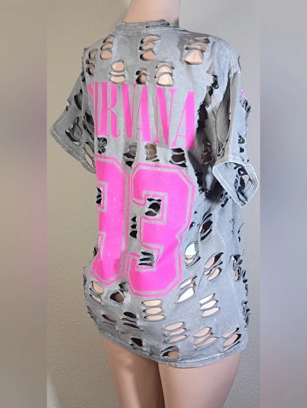 NIRVANA Gray Custom Distressed Tee with Hot Pink Logo & Number 93 - Picture 6 of 6
